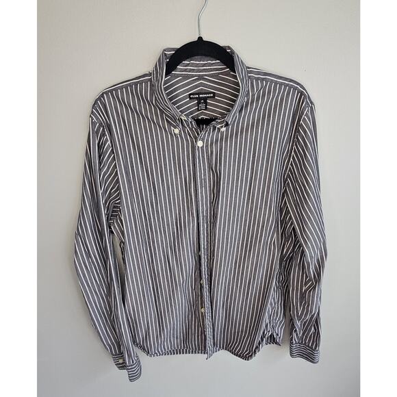 Mens Club Monaco Long Sleeved button Down Cotton Shirt Dark Grey Striped Size L - Picture 1 of 6